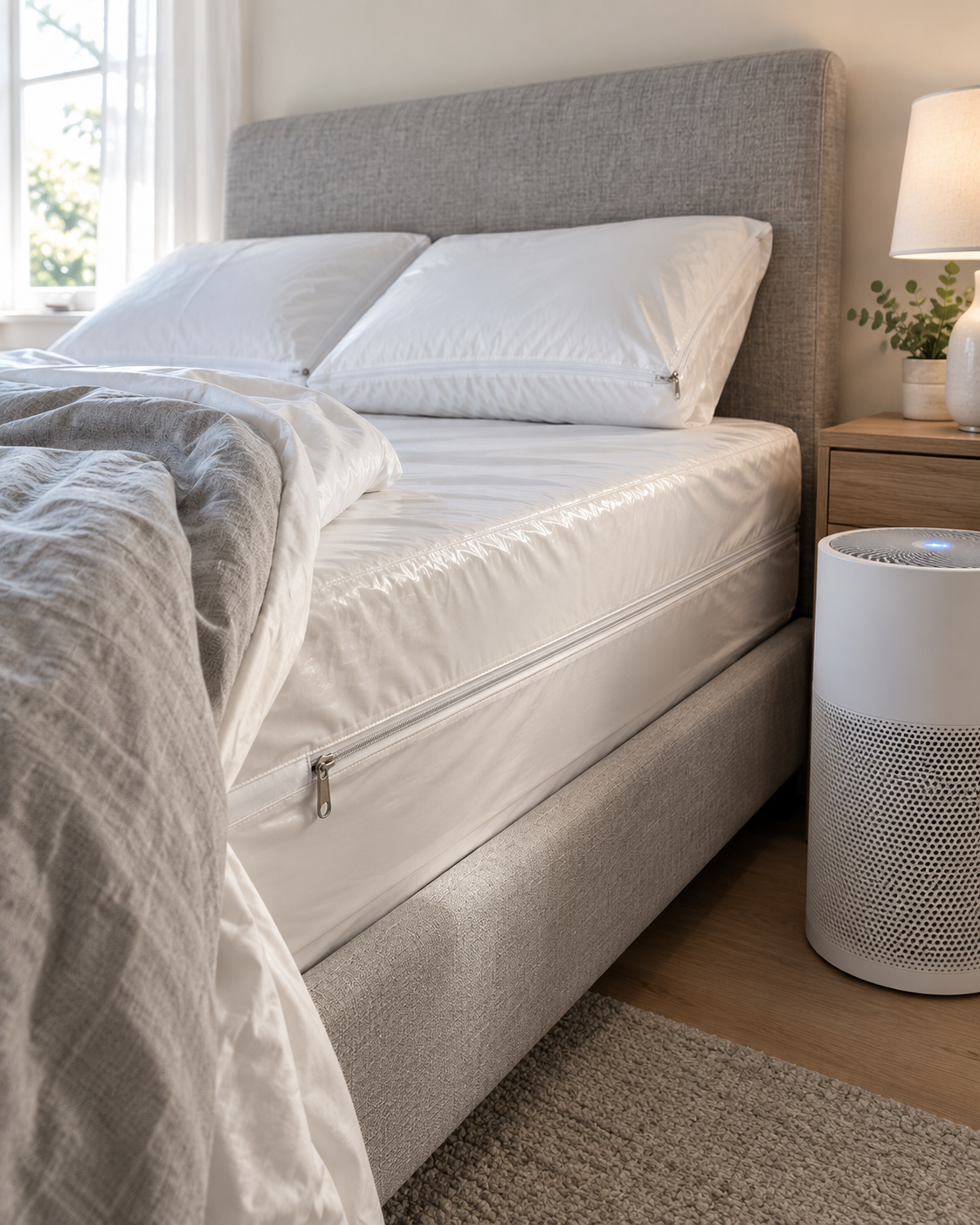 An air purifier in a bedroom beside a bed with a zipped allergy cover on the mattress