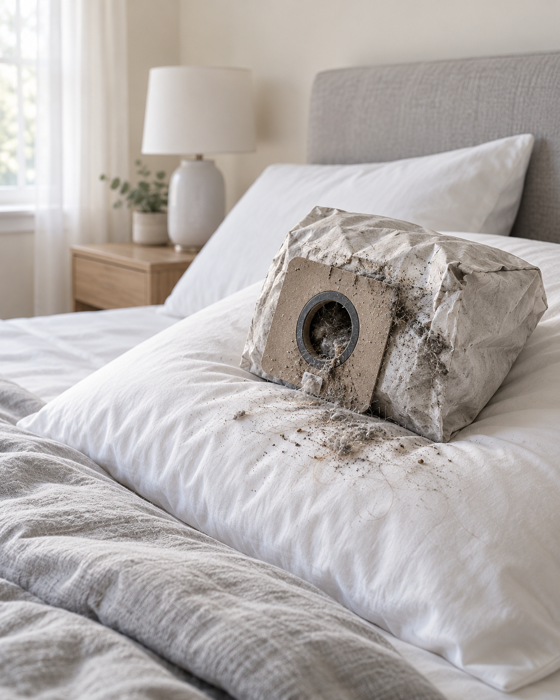 A full vacuum cleaner bag lying on a pillow, a picture of what builds up inside a mattress