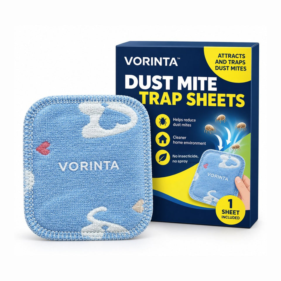 The blue Vorinta dust mite trap sheet next to its navy box
