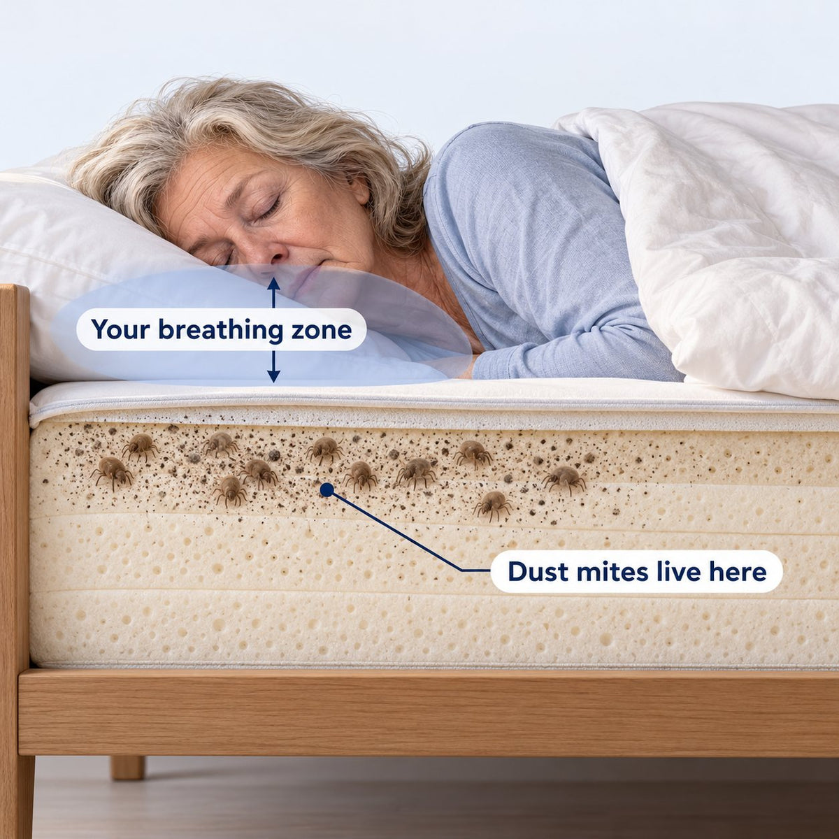 Your breathing zone: an older woman asleep with her face a few inches above dust mites living in the mattress foam