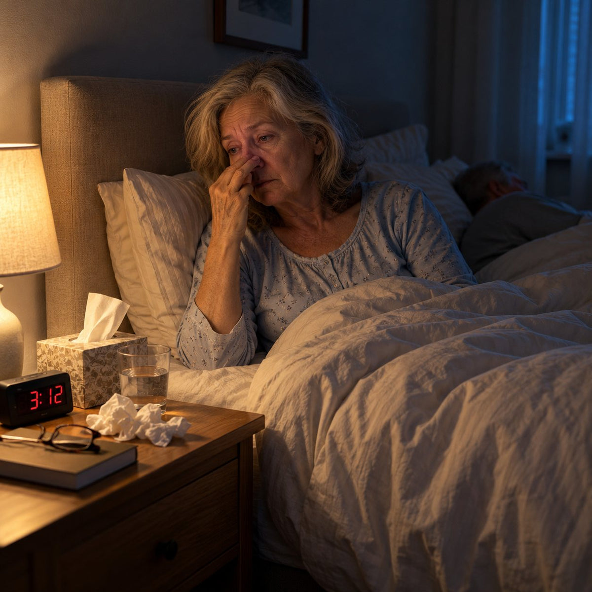 A woman about 70 awake at 3:12 am, hand to her blocked nose, tissues and glasses on the nightstand