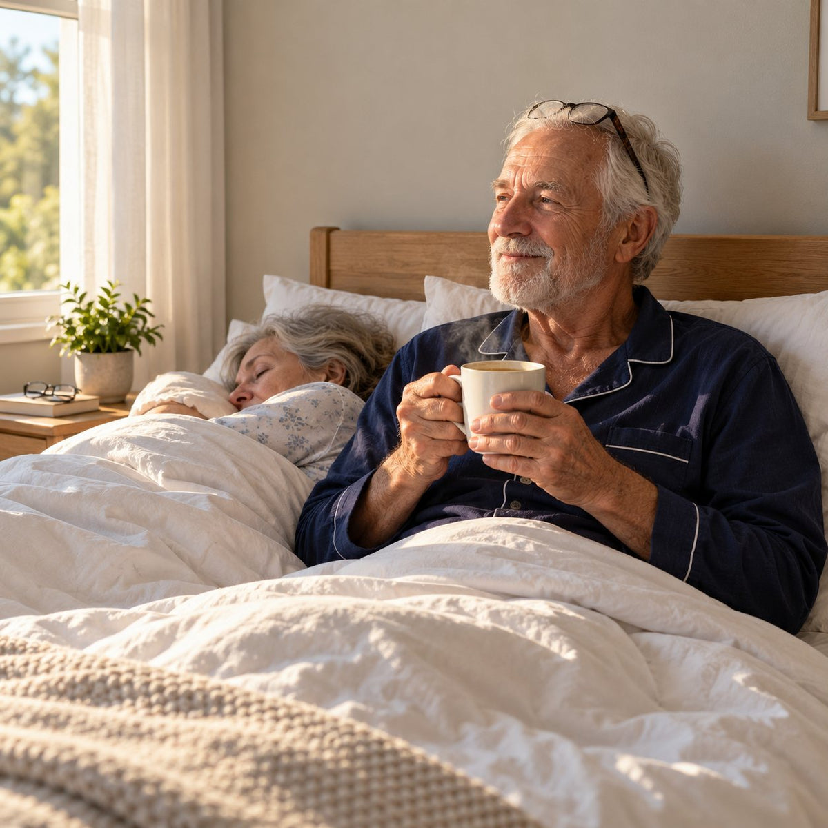 A man about 70 sitting up in bed with coffee in the morning sun, his wife asleep beside him