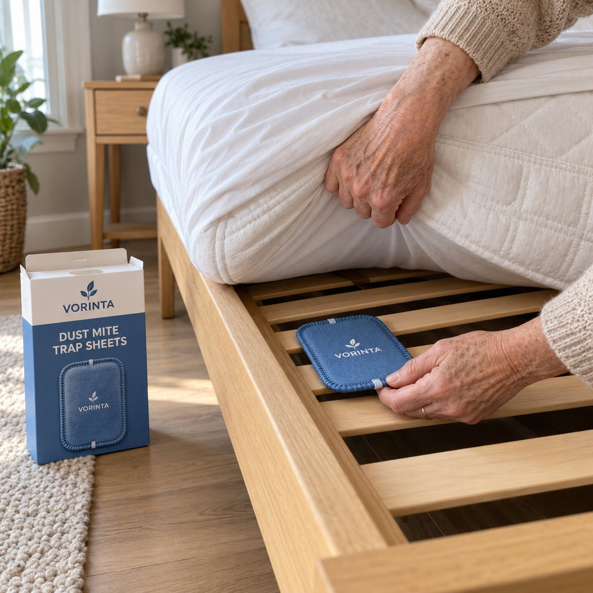 Older hands lifting one corner of the mattress and sliding a Vorinta sheet onto the bed slats, the box on the floor